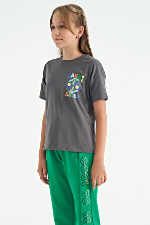 Koyu Gri Ön Arka Çok Renkli Baskılı Oversize Kısa Kollu Kız Çocuk T-Shirt - 75117 | 11-12 Yaş