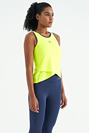 Neon Sarı Logo Baskılı Biye Şeritli Standart Kalıp Kadın Spor Atlet - 97255 | S