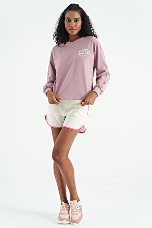 Gül Kurusu O Yaka Hafif Balon Kollu Nakış Detaylı Cropped Basic Kadın Swearshirt - 02116 | S
