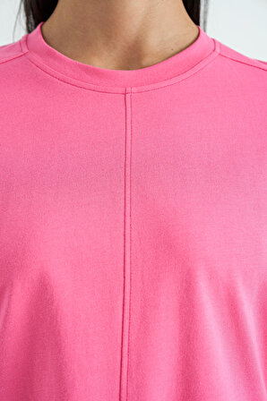 Şeker Pembe Düşük Omuzlu Derin Yırtmaçlı Rahat Kalıp Kadın Sweatshirt - 02136 | S