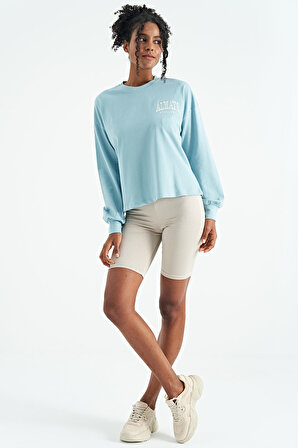 Açık Mavi O Yaka Hafif Balon Kollu Nakış Detaylı Cropped Basic Kadın Swearshirt - 02116 | XL