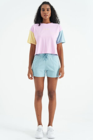 Pembe Üç Renk Düşük Omuzlu Oversize Baskılı Crop Kadın T-Shirt - 02266 | L