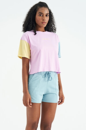 Pembe Üç Renk Düşük Omuzlu Oversize Baskılı Crop Kadın T-Shirt - 02266 | L