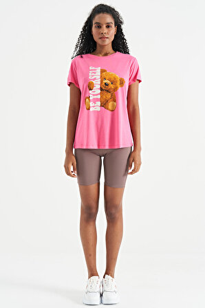 Şeker Pembe Ayıcık Baskılı Kısa Kollu O Yaka Oversize Kadın T-Shirt - 02242 | M