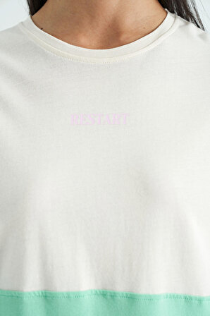 Ekru Çok Renkli O Yaka Oversize Kadın Basic T-Shirt - 02309 | S