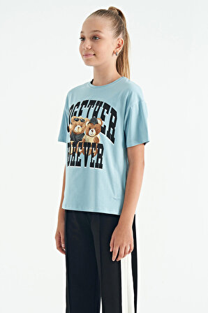 Açık Mavi Ayıcık Baskılı O Yaka Oversize Kısa Kol Kız Çocuk T-Shirt - 75116 | 12-13 Yaş