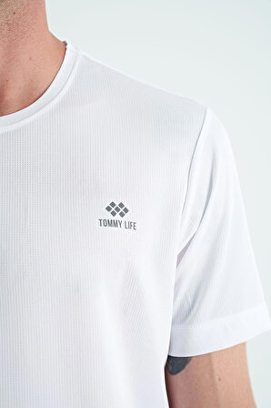 Beyaz O Yaka Standart Kalıp Logo Desenli Aktif Spor Erkek T-Shirt  - 88255 | S