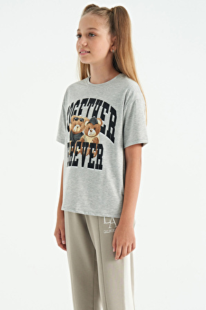 Gri Melanj Ayıcık Baskılı O Yaka Oversize Kısa Kol Kız Çocuk T-Shirt - 75116