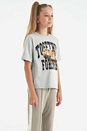 Gri Melanj Ayıcık Baskılı O Yaka Oversize Kısa Kol Kız Çocuk T-Shirt - 75116