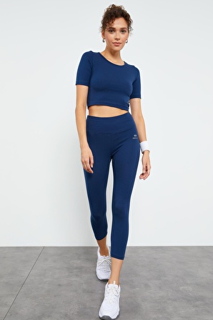 İndigo Kısa Kollu Dar Kalıp O Yaka Kadın Crop Top - 97149 | S