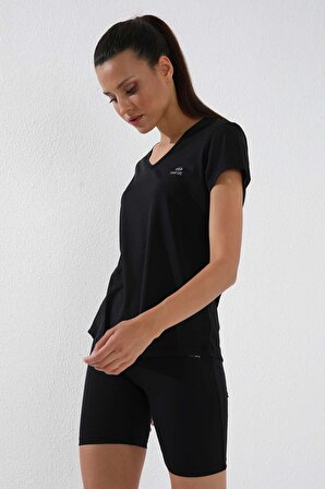 Siyah Basic Kısa Kol Standart Kalıp V Yaka Kadın T-Shirt - 97145 | L