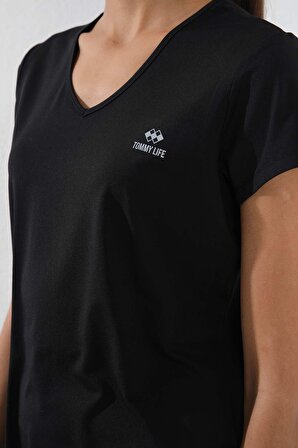 Siyah Basic Kısa Kol Standart Kalıp V Yaka Kadın T-Shirt - 97145 | L