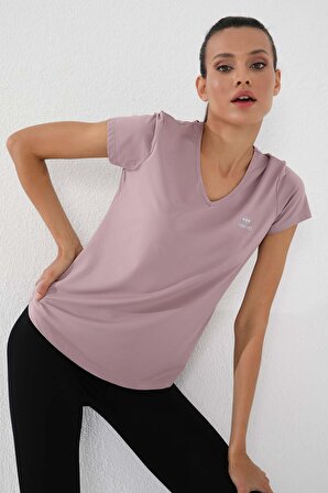 Gül Kurusu Basic Kısa Kol Standart Kalıp V Yaka Kadın T-Shirt - 97145 | S