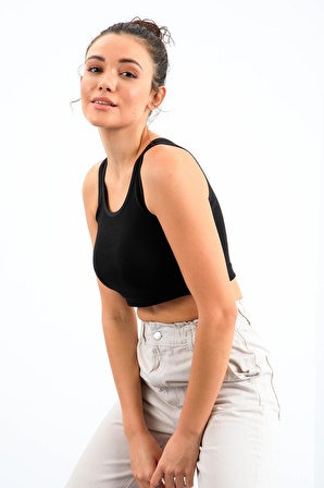 Siyah Basic Sıfır Kol Dar Kalıp U Yaka Kadın Crop Top - 97162 | XS