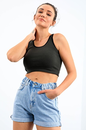 Haki Basic Sıfır Kol Dar Kalıp U Yaka Kadın Crop Top - 97162 | L