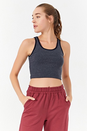 Lacivert Melanj Basic Sıfır Kol Dar Kalıp U Yaka Kadın Crop Top - 97162 | L