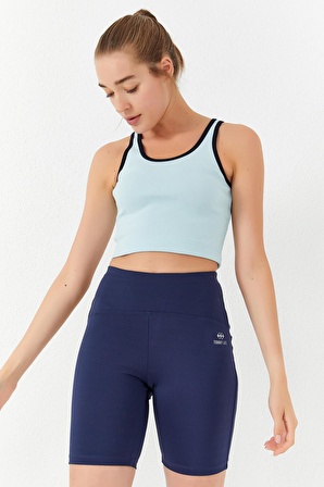 Gök Mavi Basic Sıfır Kol Dar Kalıp U Yaka Kadın Crop Top - 97162 | XS