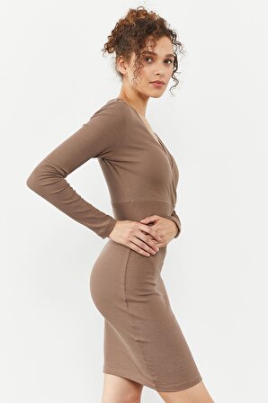 Bej Kaşkorse Triko Dar Kalıp  Kruvaze Yaka Kadın Elbise - 97118 | XL