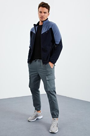 Lacivert İki Renkli Fermuarlı Dik Yaka Standart Kalıp Erkek Sweatshirt Polar - 87994 | L