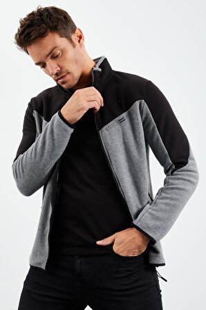 Gri Melanj İki Renkli Fermuarlı Dik Yaka Standart Kalıp Erkek Sweatshirt Polar - 87994 | XL