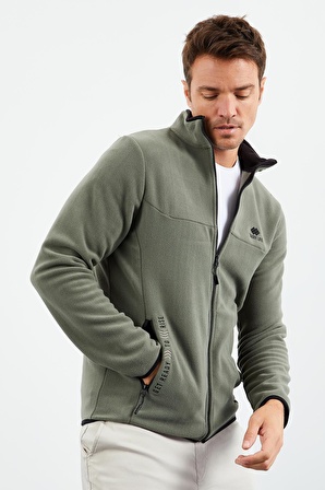 Çağla Yazı Nakışlı Dik Yaka Fermuarlı Standart Kalıp Erkek Sweatshirt Polar - 87992 | S