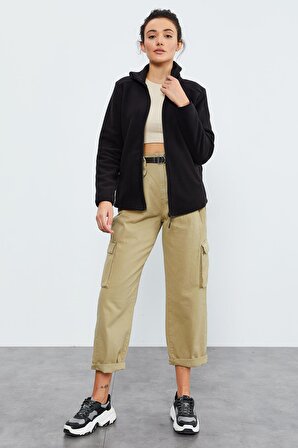 Siyah Dik Yaka Fermuarlı Rahat Form Kadın Polar Sweatshirt - 97173 | XXL