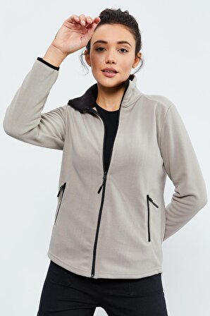 Koyu Bej Dik Yaka Fermuarlı Rahat Form Kadın Polar Sweatshirt - 97173 | L