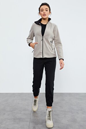Koyu Bej Dik Yaka Fermuarlı Rahat Form Kadın Polar Sweatshirt - 97173 | L