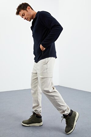 Lacivert Yazı Nakışlı Dik Yaka Fermuarlı Standart Kalıp Erkek Sweatshirt Polar - 87992 | XL
