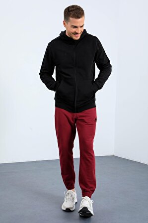 Siyah Basic Kapüşonlu Rahat Form Nakış Detaylı Fermuarlı Erkek Sweatshirt - 88035 | XXL