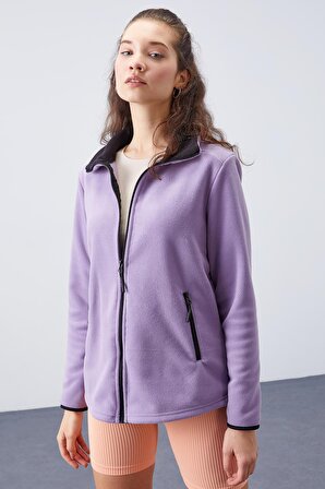 Eflatun Dik Yaka Fermuarlı Rahat Form Kadın Polar Sweatshirt - 97173 | S