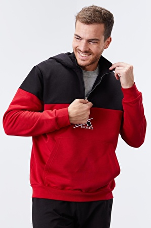 Kırmızı Nakış Detaylı Yarım Fermuar Kapüşonlu Erkek Sweatshirt  - 88033 | L