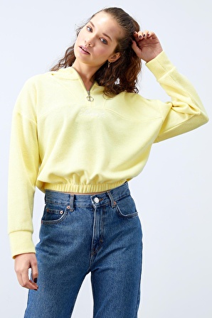 Limon Kapüşonlu Yarım Fermuar Selanik Kadın Oversize Triko Crop  - 97193 | M