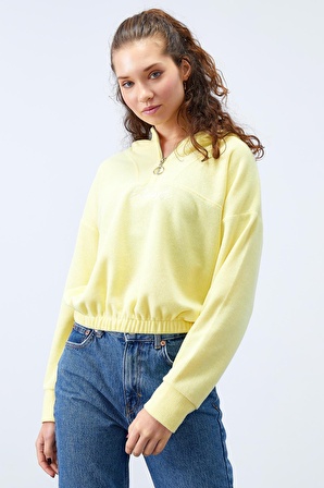 Limon Kapüşonlu Yarım Fermuar Selanik Kadın Oversize Triko Crop  - 97193 | M