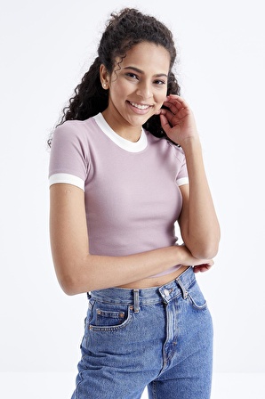 Gül Kurusu Basic Kol Detaylı O Yaka Kadın Crop Top  - 97200 | L