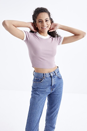 Gül Kurusu Basic Kol Detaylı O Yaka Kadın Crop Top  - 97200 | L