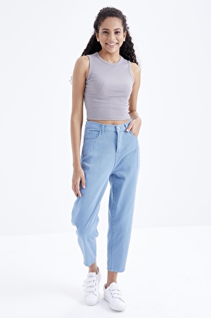 Gri Basic Kolsuz O Yaka Kadın Crop Top - 97204 | XL