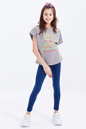 Gri Oversize Renkli Yazı Baskılı O Yaka Kız Çocuk T-Shirt - 75029 | 13-14 Yaş