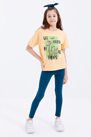 Kavun Içi Oversize Yazı Baskılı O Yaka Düşük Omuz Kız Çocuk T-Shirt - 75032 | 9-10 Yaş