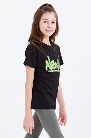 Siyah Basic Yazı Baskılı O Yaka Rahat Form Kız Çocuk T-Shirt - 75041 | 10-11 Yaş