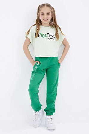 Yeşil Yazı Nakışlı Bağcıklı Standart Kalıp Lastik Paça Kız Çocuk Eşofman Alt  - 75051 | 7-8 Yaş
