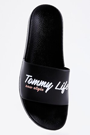 Siyah Tommy Life Yazı Baskılı Bantlı Erkek Terlik - 89074 | 42