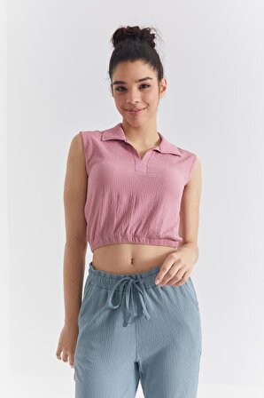 Gül Kurusu Polo Yaka Beli Lastikli Bürümcük Kumaş Kadın Crop Top T-Shirt - 97223 | XL