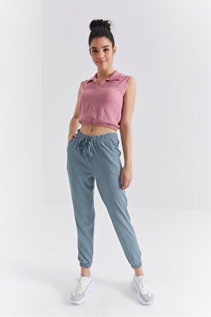 Gül Kurusu Polo Yaka Beli Lastikli Bürümcük Kumaş Kadın Crop Top T-Shirt - 97223 | XL