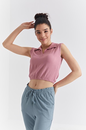 Gül Kurusu Polo Yaka Beli Lastikli Bürümcük Kumaş Kadın Crop Top T-Shirt - 97223 | XL