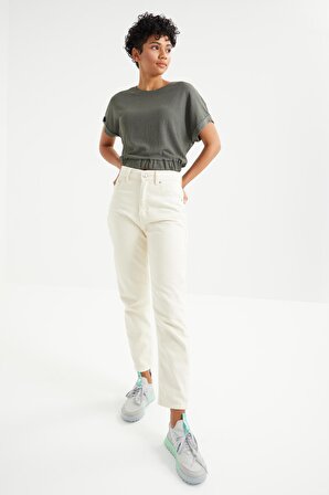 Çağla Basic O Yaka Beli Lastikli Bürümcük Kumaş Kadın Crop Top T-Shirt  - 97227 | XL