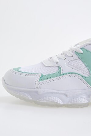Beyaz - Mint Yeşil Bağcıklı Yüksek Taban Günlük Kadın Spor Ayakkabı - 89072 | 39