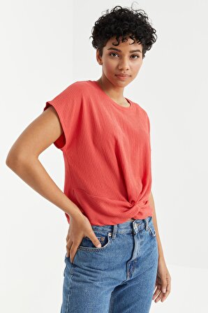 Nar Cıcegı O Yaka Önü Büzgü Detaylı Bürümcük Kumaş Kadın Crop Top T-Shirt  - 97228 | XL