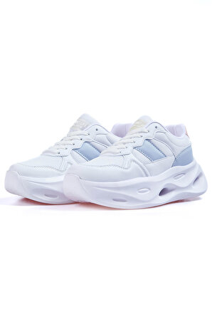 Beyaz- Açık Mavi Yüksek Taban Bağcıklı File Detaylı Kadın Spor Ayakkabı - 89106 | 39