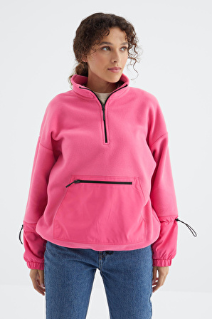 Şeker Pembe Etek Ucu Büzgülü Yarım Fermuarlı Oversize Kadın Polar Sweatshirt - 97238 | L